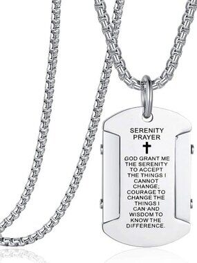 Men's Bible Verse Dog Tag Serenity Lord's Prayer Cross Pendant Necklace - D